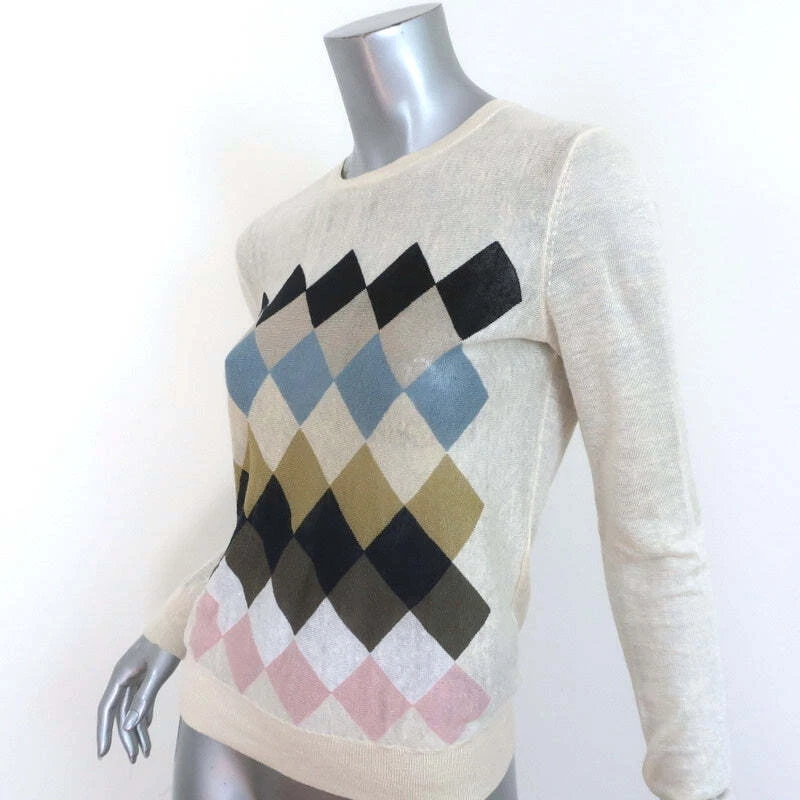 Theory Argyle Intarsia Sweater Ivory Linen-Blend Size Petite Crewneck Pullover - Image 2 of 4