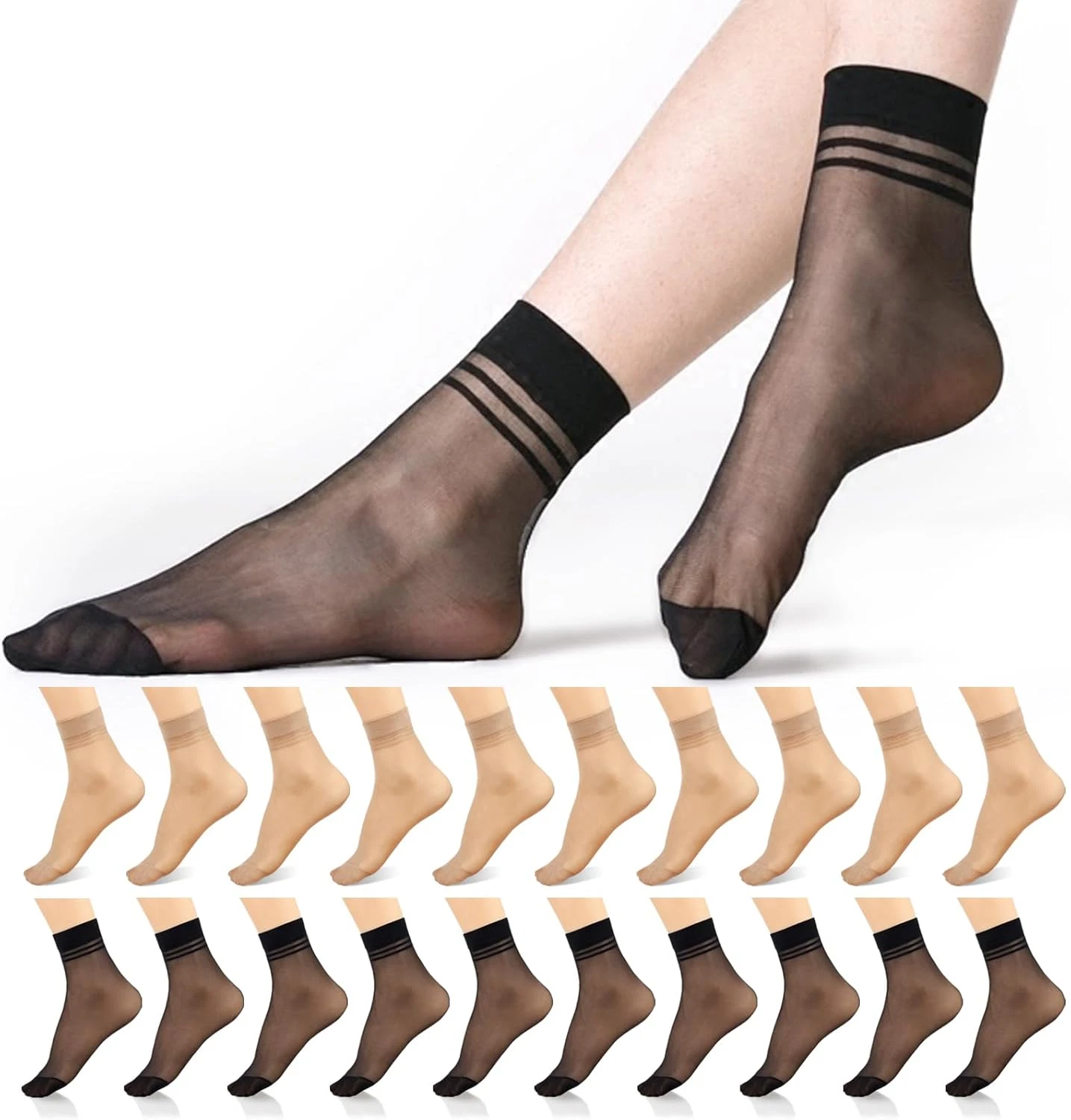20 Pairs Women'S Ankle Sheer Nylon Socks Summer Thin Soft Tight Hosiery Reinforc