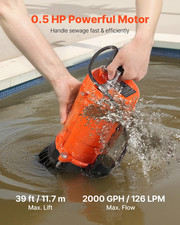 VEVOR 1/2 HP Submersible Trash Pump, 2000 GPH, 120V Cast Iron Submersible Sump S