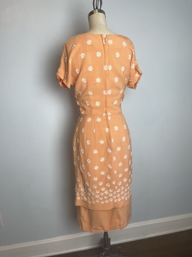 Sherbet and Cream 1960s 60s Embroidered Sheath Dress Orange And White - Picture 3 of 9