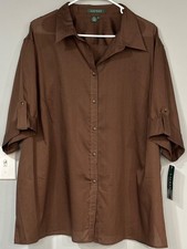 LAUREN by RALPH LAUREN Brown CONVERTIBLE Button Down Blouse Shirt 3X