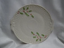 Belleek Enchanted Holly, Ireland, Basketweave: Cake Plate w/ Handles, 10 3/4"