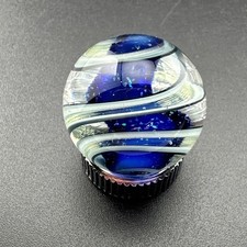 Contemporary Handmade Art Glass Marble .74" Blue Core, Swirl Lines, UV Glow MIB