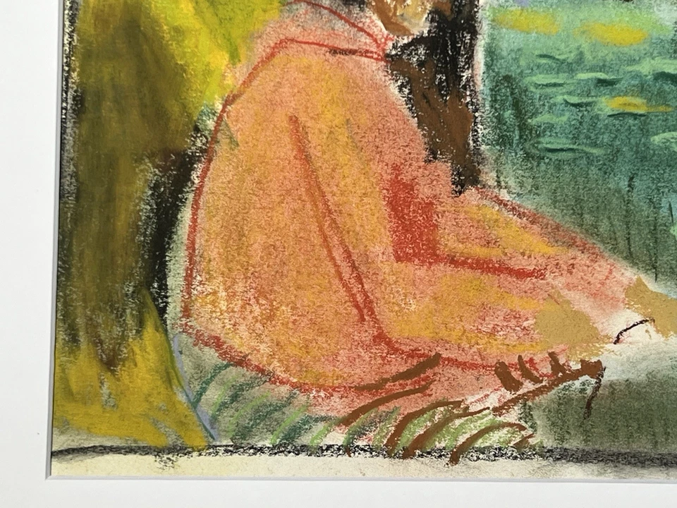 "Dibujo pastel original - Mujer de rojo junto a un lago - Estilo impresionista 16x20""" Foto 3 de 4