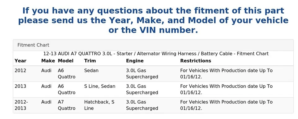 12-13 AUDI A7 QUATTRO 3.0L - Starter / Alternator Wiring Harness / Battery Cable - Image 4 of 4