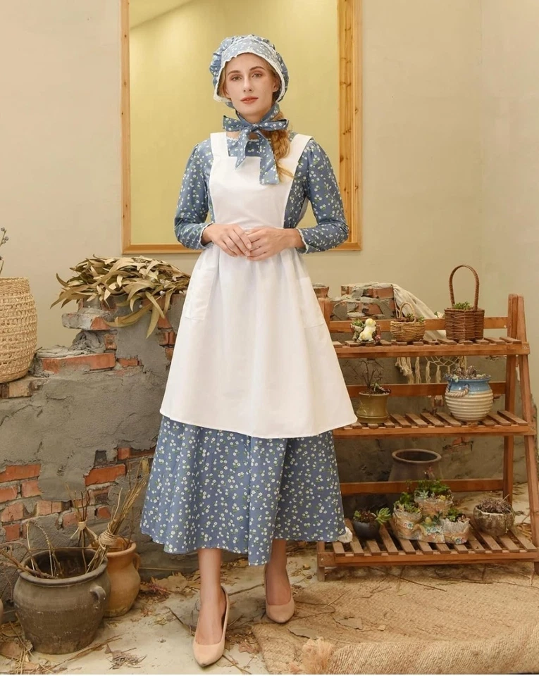 Women Pioneer Costume Floral Dress With Apron & Hat Old Fashioned ( S ) (Blue) - Image 4 of 4