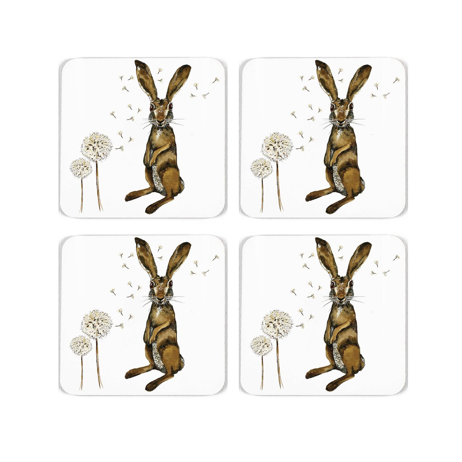 Hares Cork Coaster Set - Square Painted Wildlife & Dandelions Set of 4 Gift