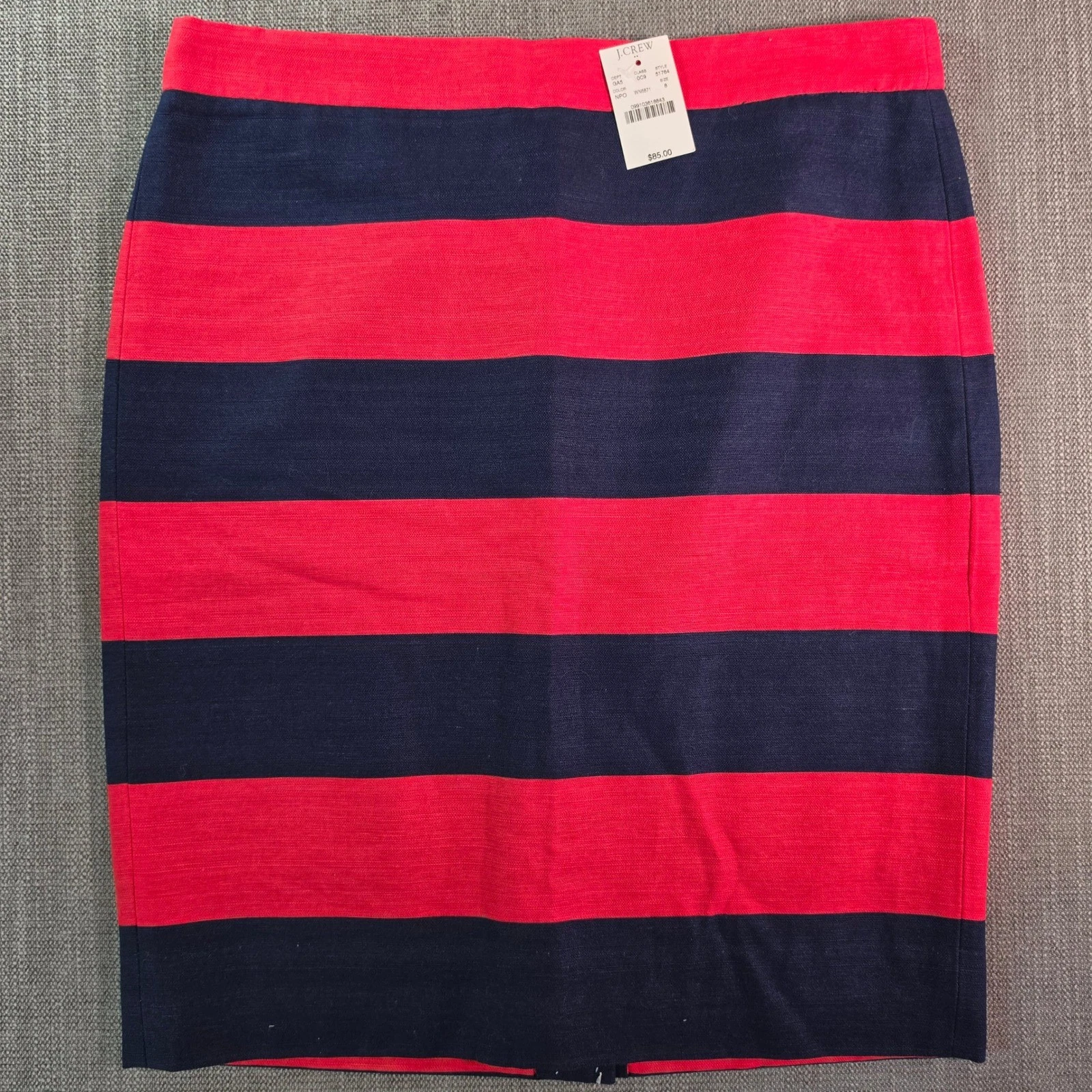 NEW! J.Crew Pencil Skirt Women 8 Red Navy Blue Striped Cotton Linen Blend 51764