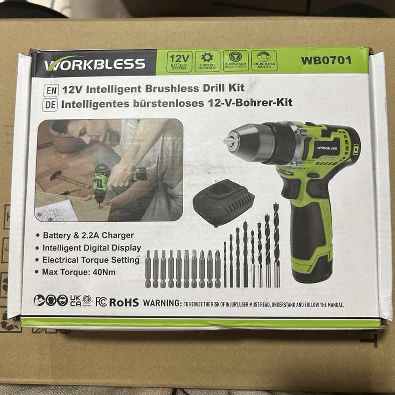 WORKBLESS WB0701 12V Brushless Drill Kit 3/8" Keyless 2-Speed 40Nm w/ Battery