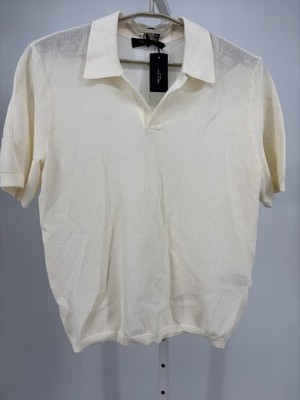 rag & bone Willy Mesh Polo Sweater L Ivory Short Sleeve Open Knit See Through