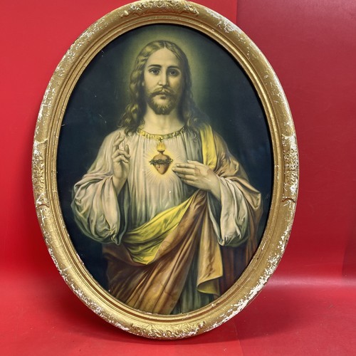 Vintage Secret Heart Of Jesus Oval Framed Picture 22” X 17” - Picture 1 of 10
