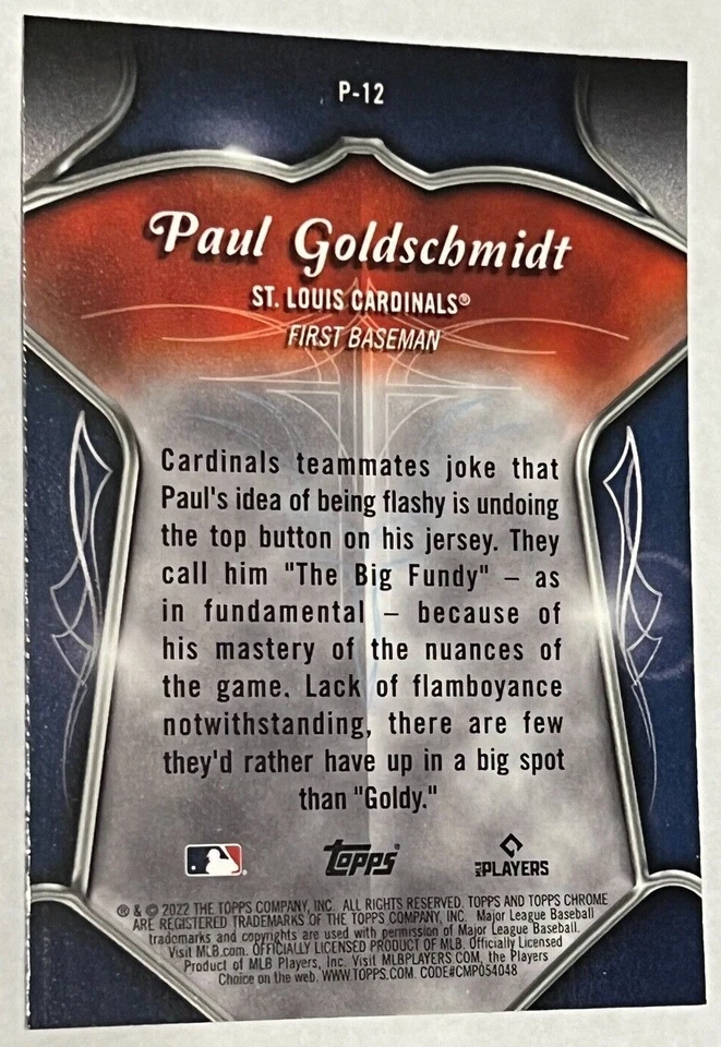 2022 Topps Chrome Paul Goldschmidt P-12 Pinstriped Club Plaque Insert - Image 4 of 4