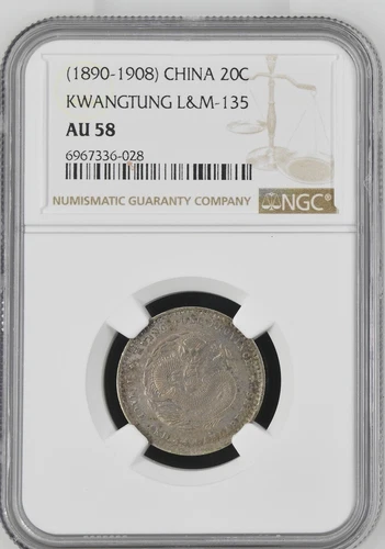 (1890-1908) China - KWANGTUNG L&M 135 - 20 Cent Silver Dragon - NGC AU 58