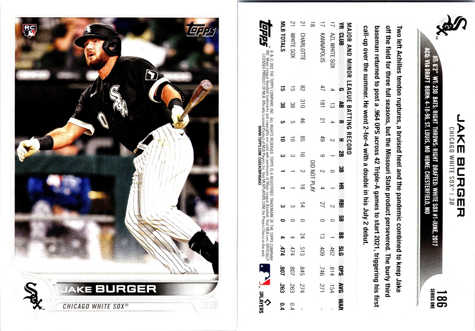 JAKE BURGER - RC Rookie 2022 Topps Chicago White Sox #186