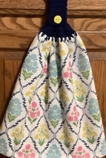 Double hanging kitchen towel spring flowers garden crocheted blue top