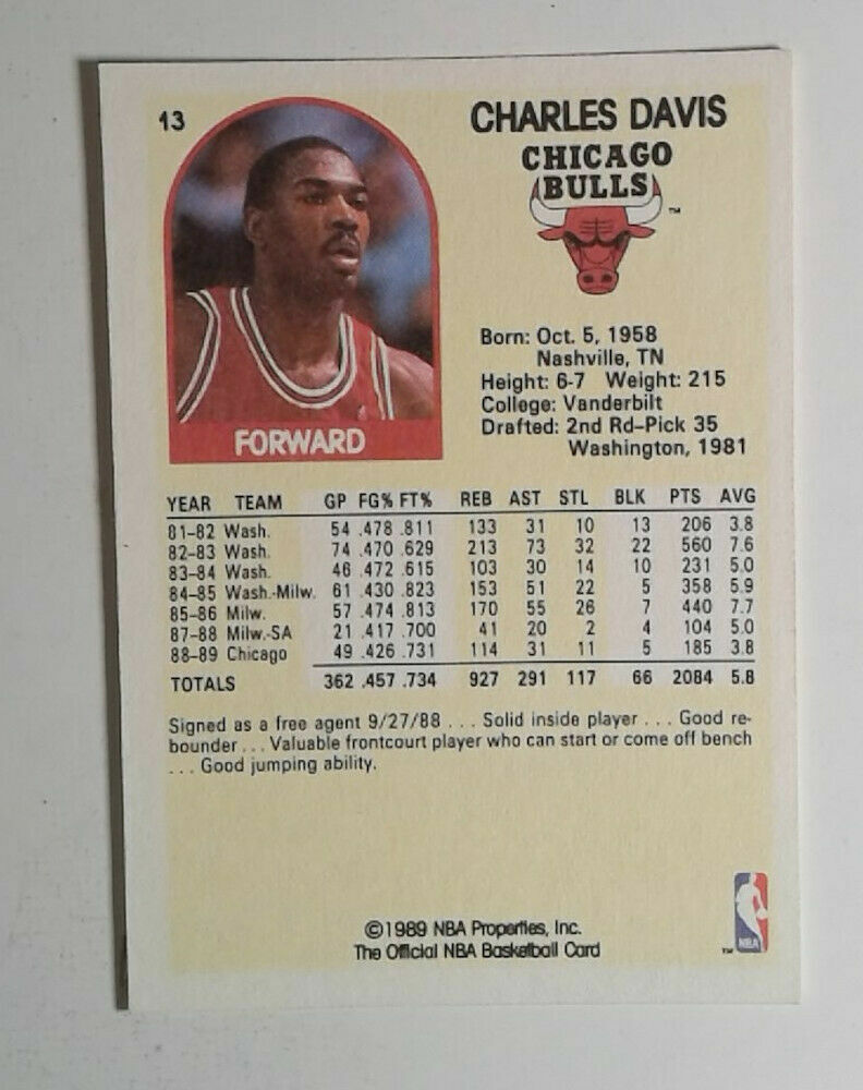1989 NBA Hoops #13 Charles Davis Basketball Card - Chicago Bulls