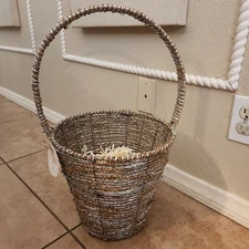 RARE Pottery Barn Silver Glitter Tall Handle Woven Easter Basket