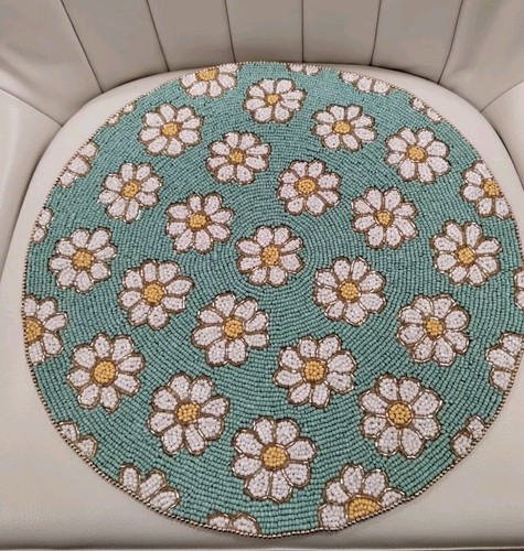 Tahari set 2 BEADED DAISY SUNFLOWER FLORAL PLACEMATS Charger Aqua Yellow 15" NEW