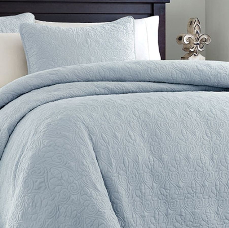 SKY BLUE MATELASSE 3pc King QUILT SET COTTON FILL QUILT COVERLET