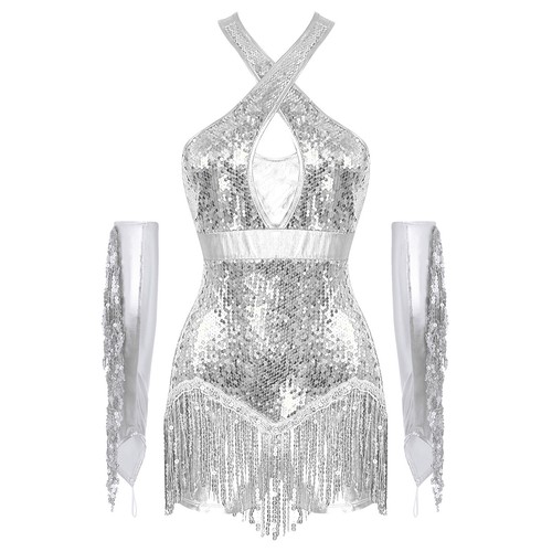 Women's Sequin Shiny Cross Front Latin Jazz Leotard with Tassels Metallic Gloves - Picture 42 of 57
