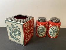 (3) Pier 1 Ceramic Tissue Box Cover & Bottles Red White Teal Floral Asian Boho