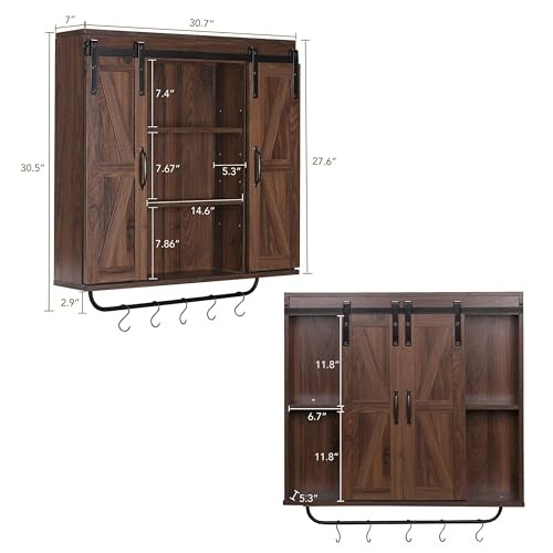 Rustic Wood Wall Storage Cabinet with Two Sliding Barn Door, 3 Dark Walnut - Picture 4 of 8
