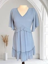 Manydress Ruffled Flutter Sleeve Dress Sz S Lined Crepe Sage Blue Packable Boho