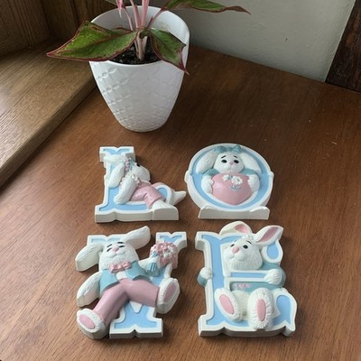 90s VTG Burwood LOVE Bunnies 4 Piece Wall Decor White Pink Blue Nursery Easter