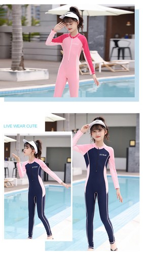 Girls One Piece Swimsuit Jumpsuit Full Body Swimwear Long Sleeve Dive Skin - Picture 19 of 30