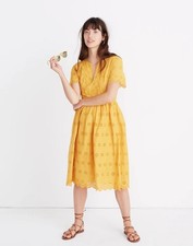 Madewell Eyelet Dress Womens 00 Petite Yellow Cotton Fit Flare Scalloped 