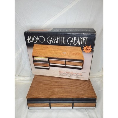 Vintage Faux Oak Audio Cassette Tape Holder in Original Box (NOS)