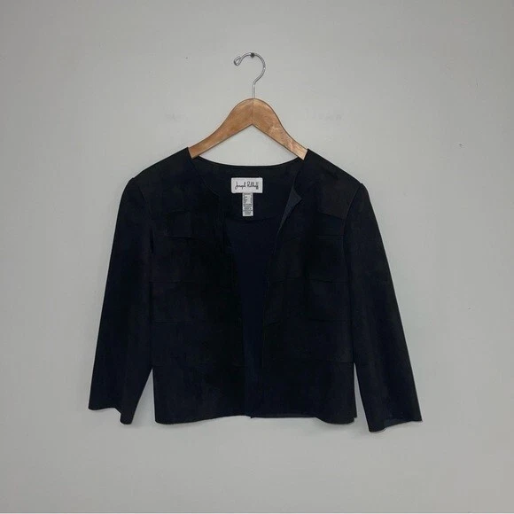 Joseph Ribkoff Cropped Jacket Women's Size 8 US Black Faux Suede Tiered Open - Image 2 of 4
