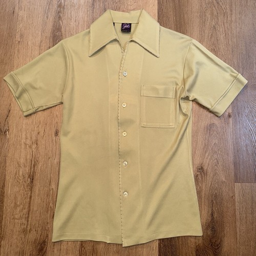 Vintage Joel Shirt Mens Stretch Knit Tan Polyester Disco Hippy MCM 60s 70s Small - Picture 6 of 12