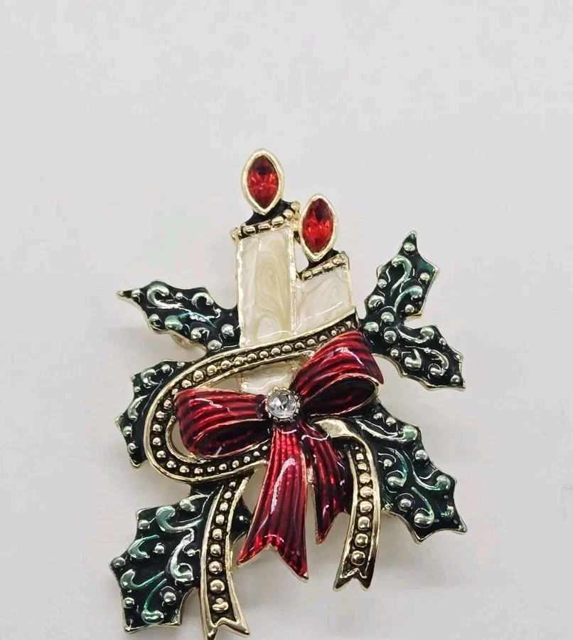 Broche de vela de Navidad broche de esmalte vintage joyería navideña arco cristal rojo Foto 4 de 4