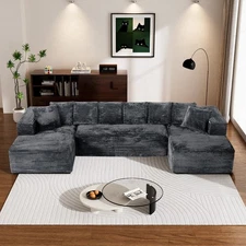 Modern 130" U Shaped Fluffy Plush Sectional Sofa Couch Convertible Sleeper Sofa