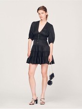 Sandro Paris Gathered Tiered Satin Mini Dress Black Size FR 36 / US 4 NWT 445