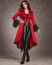 Red Satin Gothic Victorian Steampunk Tailcoat Jacket Costume Ring Master Vampire