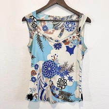Vintage Y2K Boho Floral Tank Top Paris Blues Retro Sleeveless Top L Cowl Neck