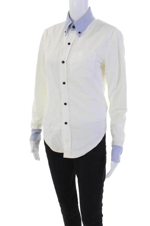 Band Of Outsiders Womens Button Down Shirt White Blue Cotton Size Extra Small - Image 2 of 4
