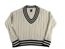 GAP Sweater Womens M Off White Varsity V-Neck Cable Cricket Jumper Cotton