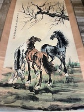 Vintage Large Chinese Hanging Scroll Painting 3 Horses Ink & Wash Art Signed