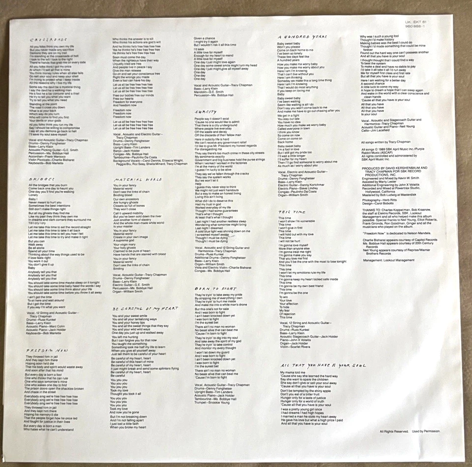 TRACY CHAPMAN - Crossroads (1989) Vinyl LP Record. NEAR MINT - Image 3 of 4