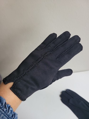 Black Fabric Fashion Ladies Gloves Vintage Beaded - Picture 1 of 8