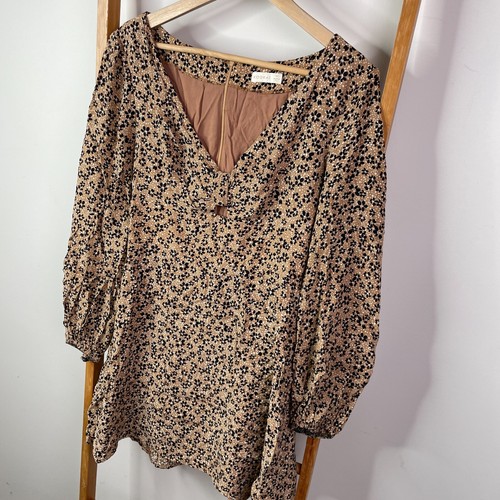 Kookai Mini Dress Womens 40 Brown Floral Long Sleeve Cut Out V-Neck Party Casual - Picture 3 of 13