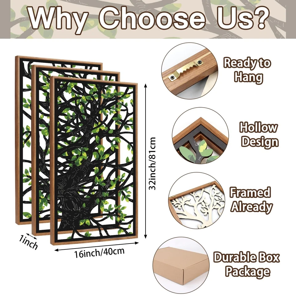 CHDITB Wooden Tree of Life Framed Wall Art(Set of 3, 16"x32"), 3 Panel Rustic... - Image 2 of 4