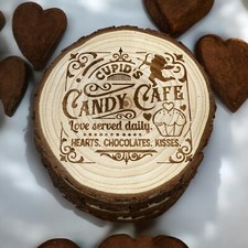 Set Of 4 Handmade Engraved Natural Wood Cupids Cafe Valentines Day Coasters