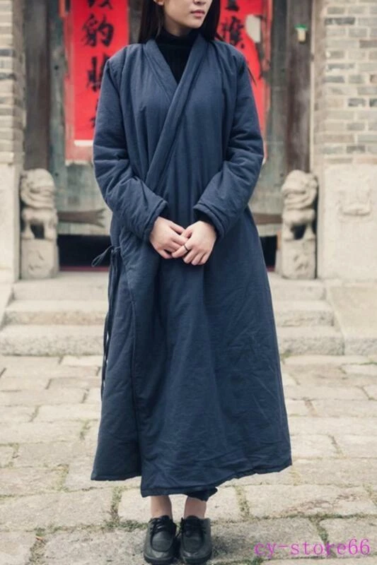 Китайский винтажный Hanfu рок 100% льняной женщин длинный выстеганная куртки пальто зима - Изображение 2 из 4