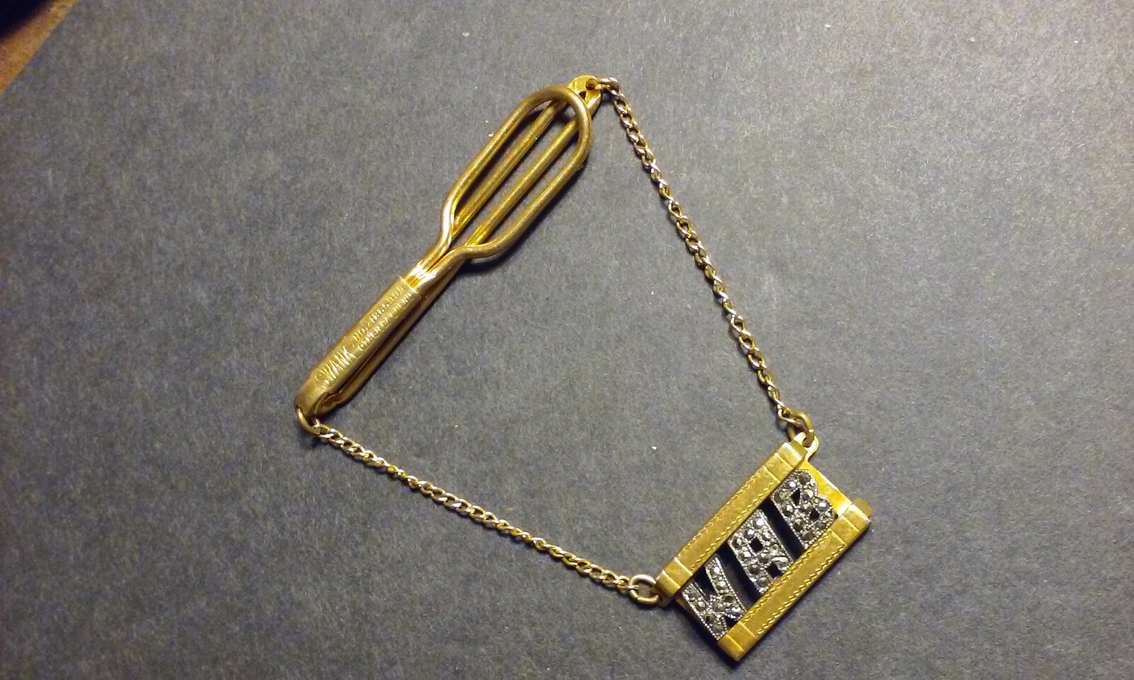 SWANK 1940's Tie Bar Clip w/ Hanging Chain w/ Initials 