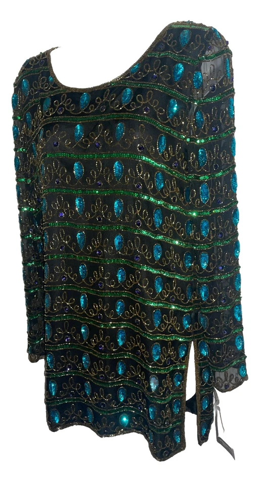 Top túnica de colección Stenay Lord & Taylor negro manga larga totalmente con cuentas talla S - Nuevo con etiquetas Foto 3 de 4