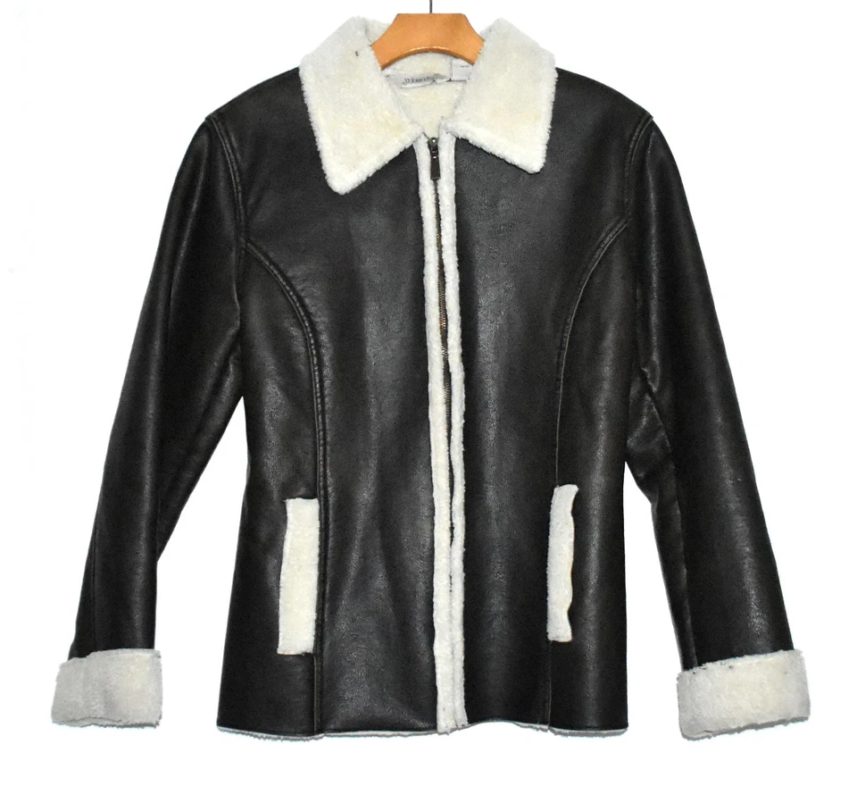 Chaqueta para mujer St Johns Bay marrón oscuro imitación cuero forrada de lana con puños talla S1 S Foto 2 de 4